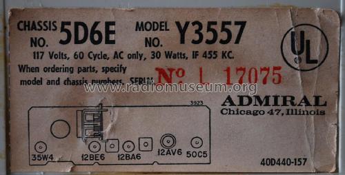 Y3557 Clock Radio Ch= 5D6E; Admiral brand (ID = 2418692) Radio