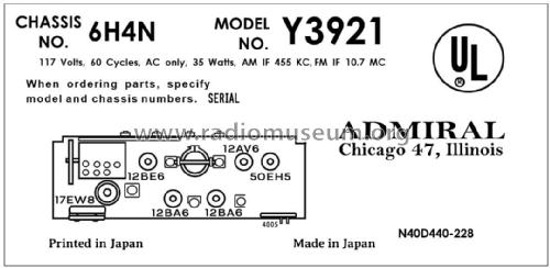 Y3921 Ch= 6H4N; Admiral brand (ID = 2891232) Radio