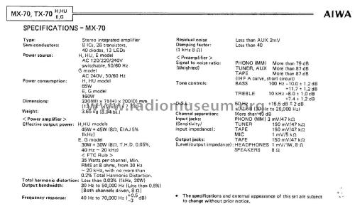 Stereo Integrated Amplifier MX-70; Aiwa Co. Ltd.; Tokyo (ID = 1780302) Ampl/Mixer