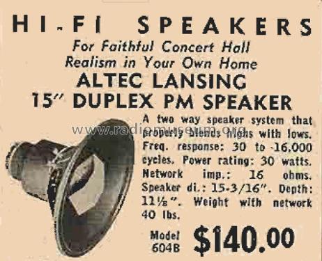 Duplex Speaker 604B; Altec Lansing Corp.; (ID = 1798112) Speaker-P