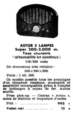 Astor 5 lampes ; Astor marque (ID = 1991506) Radio