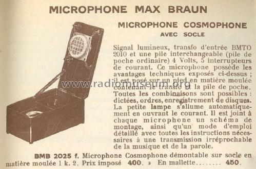 Microphone Cosmophone BMB 2025 f; Braun; Paris (ID = 553821) Micrófono/PU