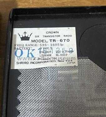 Six Transistors TR-670; Crown Radio Corp.; (ID = 2894184) Radio