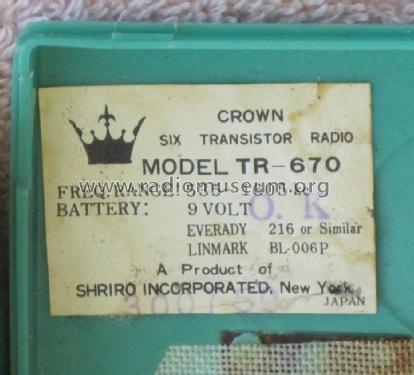 Six Transistors TR-670; Crown Radio Corp.; (ID = 1211088) Radio