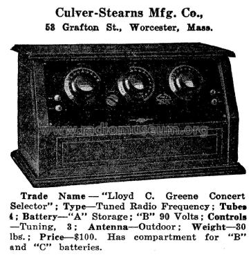 Lloyd C. Greene Concert Selector ; Culver-Stearns Mfg (ID = 1956318) Radio