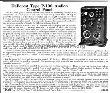 Audion Control Panel Type P-100; DeForest Radio (ID = 960894) mod-pre26