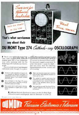 Cathode-Ray Oscillograph 274A; DuMont Labs, Allen B (ID = 2288815) Equipment