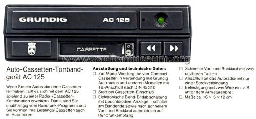 Auto Cassetten Tonbandgerät AC125; Grundig Radio- (ID = 2483111) R-Player