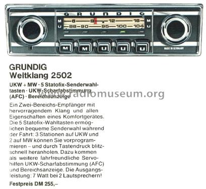 Weltklang WK2502; Grundig Radio- (ID = 2394600) Car Radio