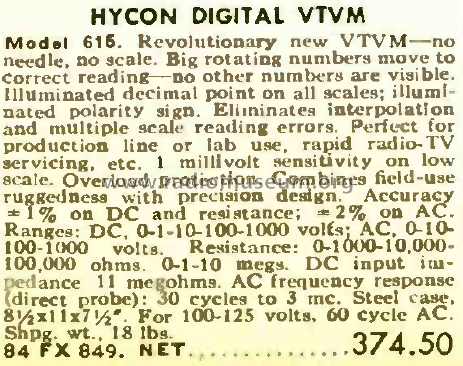 Digital VTVM 615; Hycon Manufacturing (ID = 1960342) Equipment