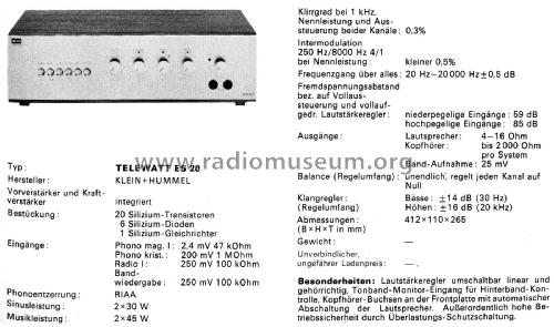 HiFi Verstärker ES 20; Klein & Hummel; (ID = 2698288) Ampl/Mixer