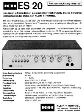 HiFi Verstärker ES 20; Klein & Hummel; (ID = 2952507) Ampl/Mixer