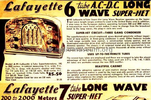 A-19 6 tube long wave super; Lafayette Radio & TV (ID = 654667) Radio