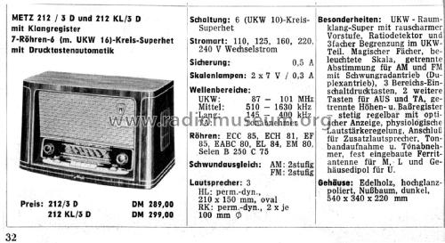 212 - 212/3D W - 212 KL/3D , K39/1; Metz Transformatoren (ID = 1978259) Radio