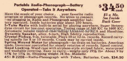 Airline 93WG-2208A Order= 451 B 2208 Portable Radio Phonograph; Montgomery Ward & Co (ID = 1917734) Radio