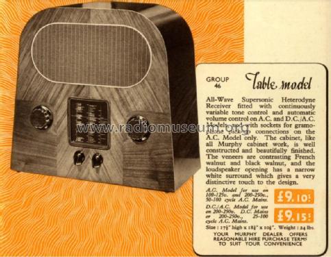 A46 Table model; Murphy Radio Ltd.; (ID = 2741578) Radio