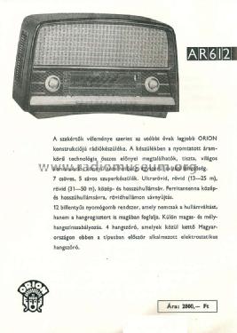 Pacsirta AR-612; Orion; Budapest (ID = 1497736) Radio