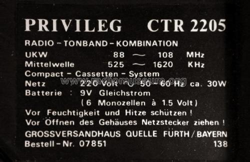 Privileg Radio-Tonband-Kombination CTR2205 - Bestell Nr. 07851; QUELLE GmbH (ID = 2772235) Radio