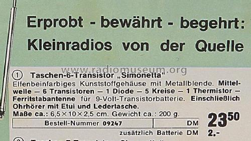 Simonetta 6 Transistor Bestell Nr. 09247; QUELLE GmbH (ID = 1710987) Radio