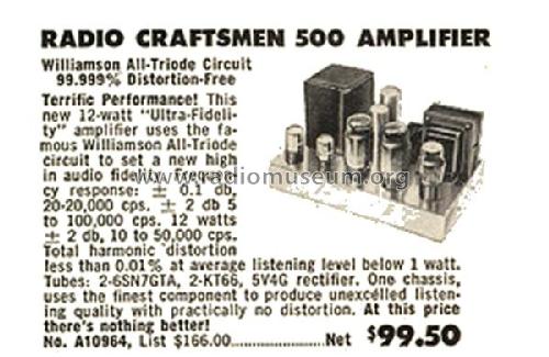 500 10 Watt Audio Amplifier; Radio Craftsmen Inc. (ID = 2102607) Ampl/Mixer