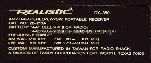 Realistic DX-380 20-213A; Radio Shack Tandy, (ID = 1469232) Radio