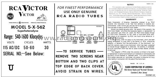 5X562 Ch= RC-1150; RCA RCA Victor Co. (ID = 2913033) Radio