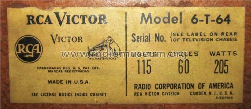 6T64 'Kingsbury' Ch= KCS47A; RCA RCA Victor Co. (ID = 1240021) Television