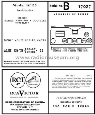 Q103 Ch= RC-1044; RCA RCA Victor Co. (ID = 2978628) Radio