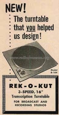 16' Transcription Turntable B-16H; Rek-O-Kut company; (ID = 1797806) Ton-Bild