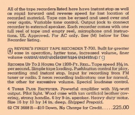 Tape Recorder T-700; Revere Camera Co.; (ID = 2072433) R-Player