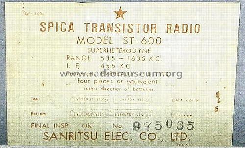 Spica Transistor Six ST-600; Sanritsu Electric Co (ID = 1239415) Radio