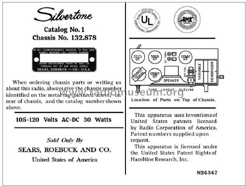 Silvertone 1 Ch= 132.878 Order=57D 01; Sears, Roebuck & Co. (ID = 2889307) Radio