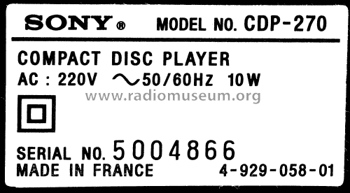Compact Disc Player CDP-270; Sony Corporation; (ID = 1892781) R-Player