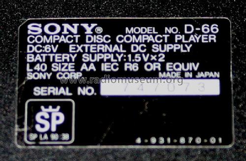 Discman Compact Disc Compact Player D-66; Sony Corporation; (ID = 1975493) Ton-Bild