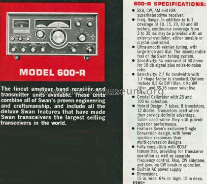 Receiver 600-R; Swan Electronics, (ID = 2085002) Amateur-R