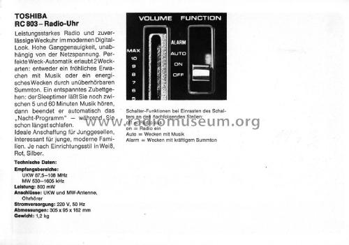 FM-AM Solid State Digital Clock Radio RC-803 F; Toshiba Corporation; (ID = 2106066) Radio