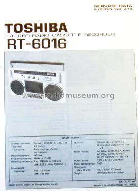 Stereo Radio Cassette Recorder RT-6016; Toshiba Corporation; (ID = 1515773) Radio