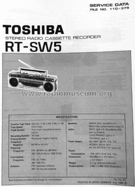 Stereo Radio Cassette Recorder RT-SW5; Toshiba Corporation; (ID = 1841074) Radio