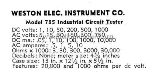 Industrial Circuit Tester 785 Type 4; Weston Electrical (ID = 1147097) Equipment