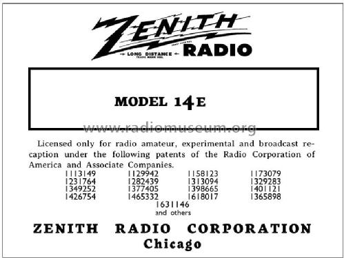 14E; Zenith Radio Corp.; (ID = 2926858) Radio