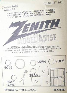 A515F Ch= 5A06; Zenith Radio Corp.; (ID = 1209611) Radio