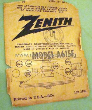 A615F Ch= 6Z05; Zenith Radio Corp.; (ID = 1215307) Radio
