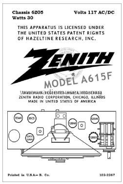 A615F Ch= 6Z05; Zenith Radio Corp.; (ID = 2788252) Radio