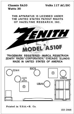 A-510-F Ch= 5-A-10 ; Zenith Radio Corp.; (ID = 2903366) Radio