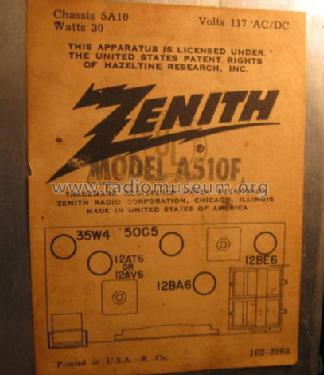 A-510-F Ch= 5-A-10 ; Zenith Radio Corp.; (ID = 869886) Radio