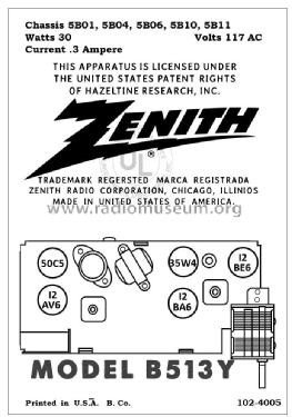 B513Y 'The Toreador' Ch= 5B01; Zenith Radio Corp.; (ID = 2789840) Radio