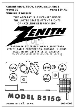 B515G 'The Starlighter' Ch= 5B06; Zenith Radio Corp.; (ID = 2789850) Radio