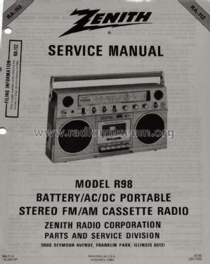 R98 Portable Stereo FM/AM Cassette Radio R98; Zenith Radio Corp.; (ID = 1711433) Radio