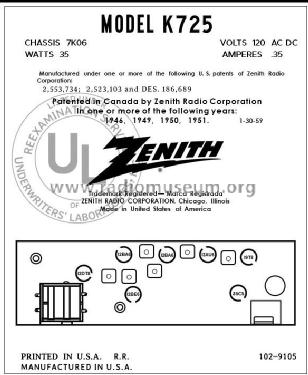 K725B Ch= 7K06; Zenith Radio Corp.; (ID = 2911449) Radio
