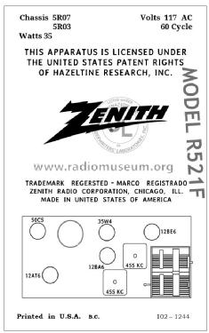 R521F Ch= 5R03; Zenith Radio Corp.; (ID = 2801093) Radio